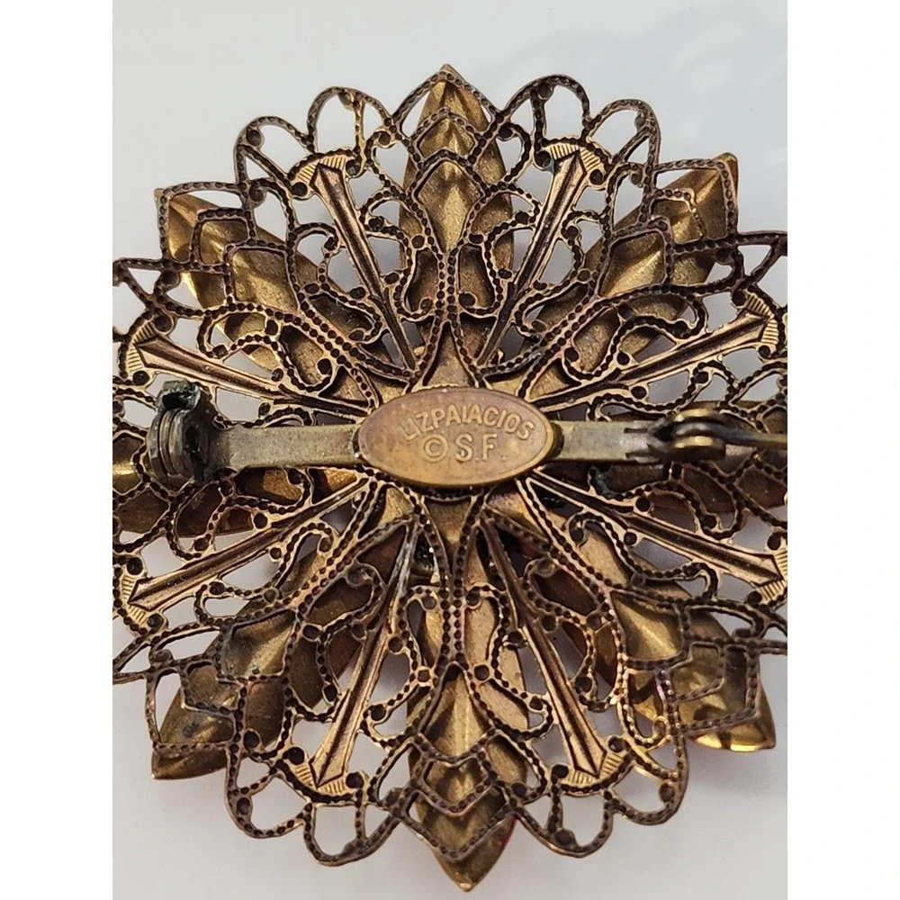 Vintage Signed‎ Liz Paiacios Red enamel rhinestone Flower Brooch Pin